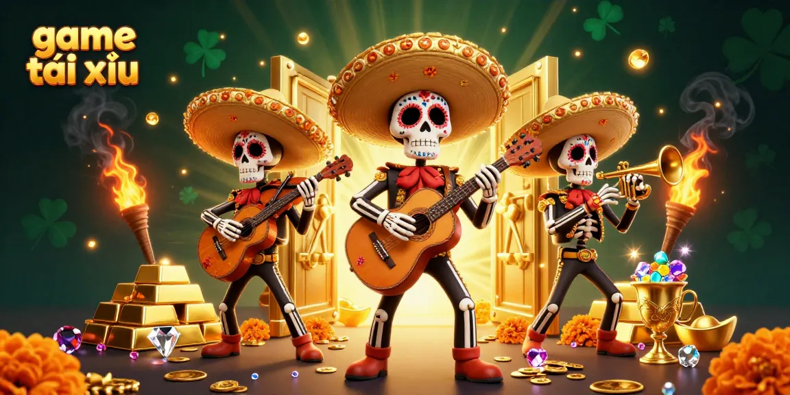 Engage in the game tài xỉu with vibrant mariachi characters surrounded by gold and jewels.
