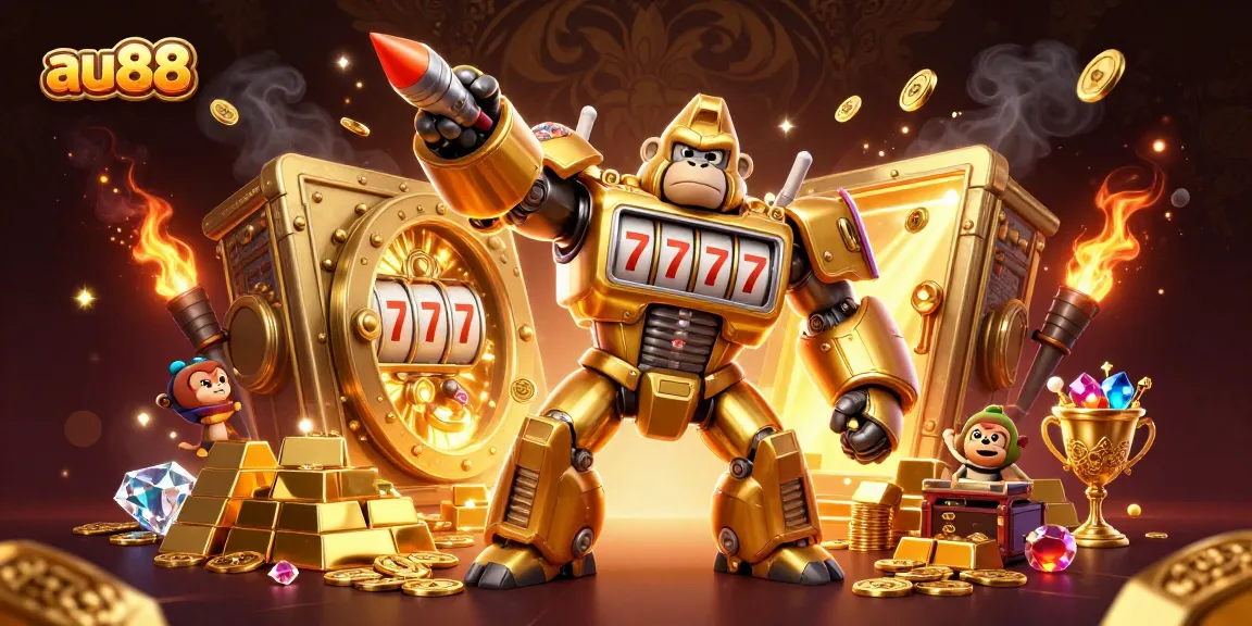 Win big with au88's gaming experience featuring a golden gorilla mech and treasures.