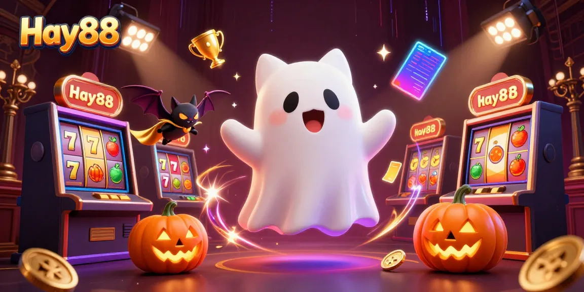 Experience excitement with Hay88's haunted casino scene featuring a friendly ghost cat and spooky elements.