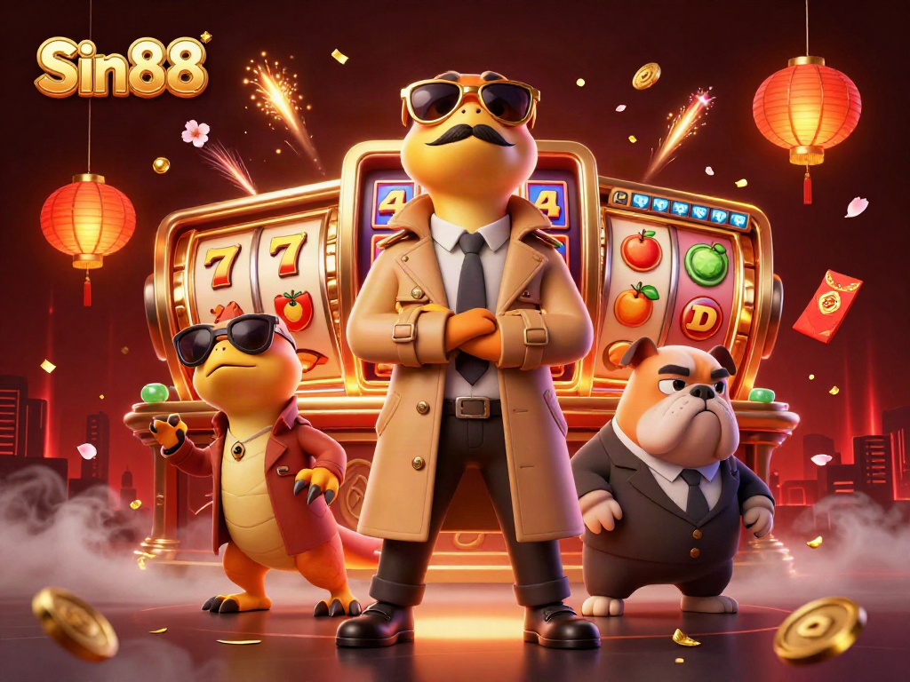 Experience Sin88 in a lively casino scene with dynamic characters and vibrant game elements.