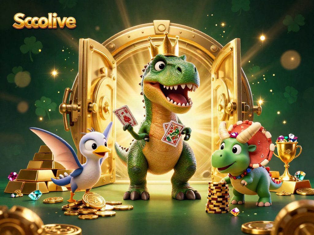 Socolive features a T-Rex shuffling cards in a vibrant casino scene, embodying excitement and gaming.