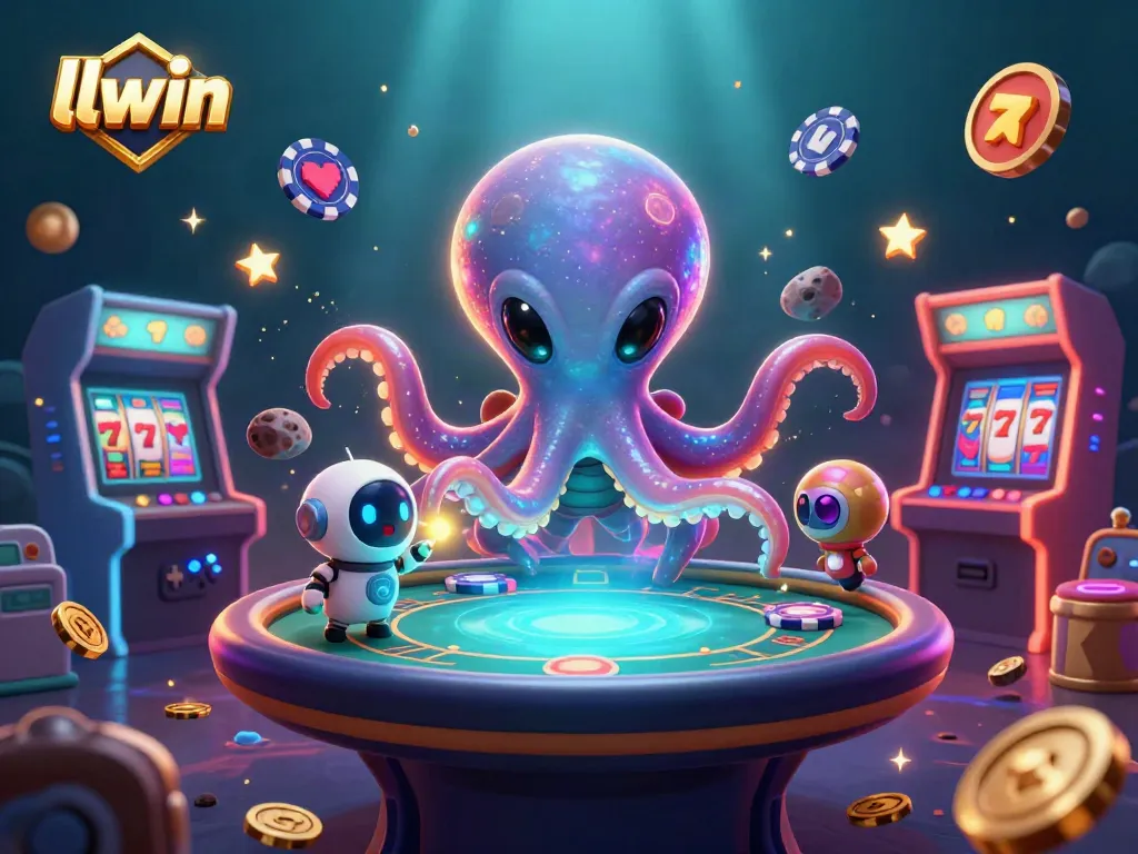 Join the fun at llwin with an alien octopus at a holographic poker table amidst vibrant casino elements.