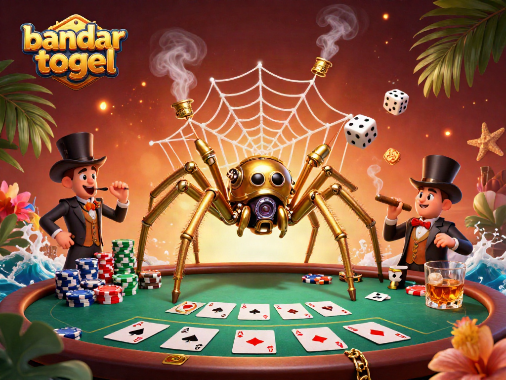 Engaging illustration of a steampunk spider in a vibrant poker scene themed around bandar togel.