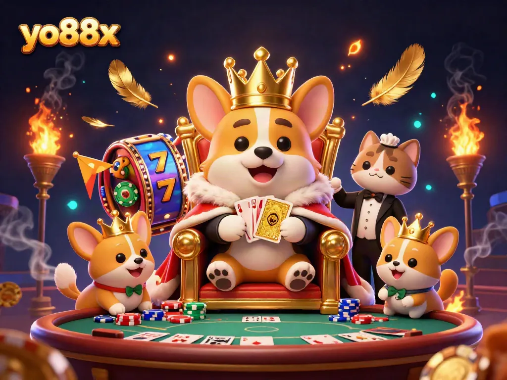 Corgi royal sitting on poker chips throne at yo88x casino, presenting golden cards amid vibrant gaming elements.