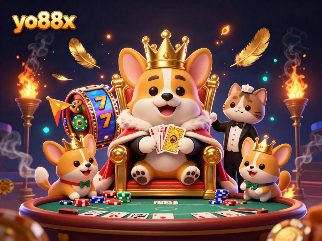 Corgi royal sitting on poker chips throne at yo88x casino, presenting golden cards amid vibrant gaming elements.