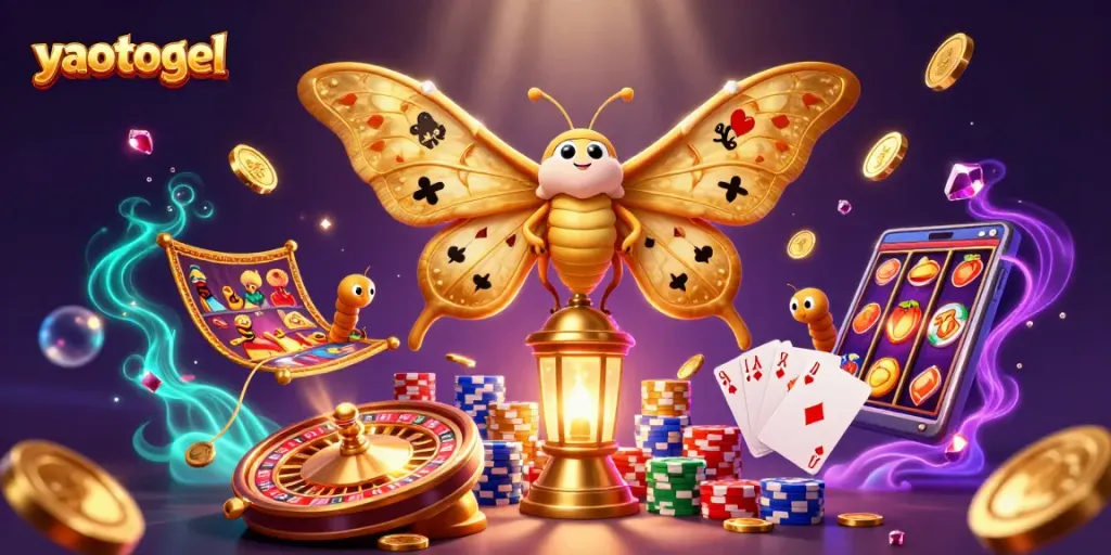 Experience yaotogel fun with animated casino elements and golden moths creating vibrant themes.