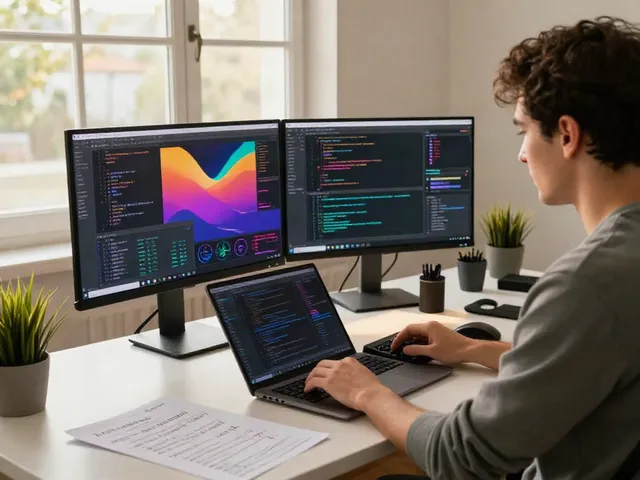 Software developer utilizing instant indexing tools at a modern workspace
