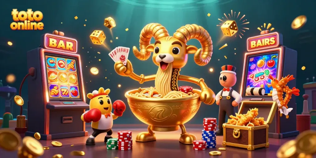 Participate in exciting casino games with toto online, as a vibrant golden ramen bowl deals cards amidst festive casino imagery