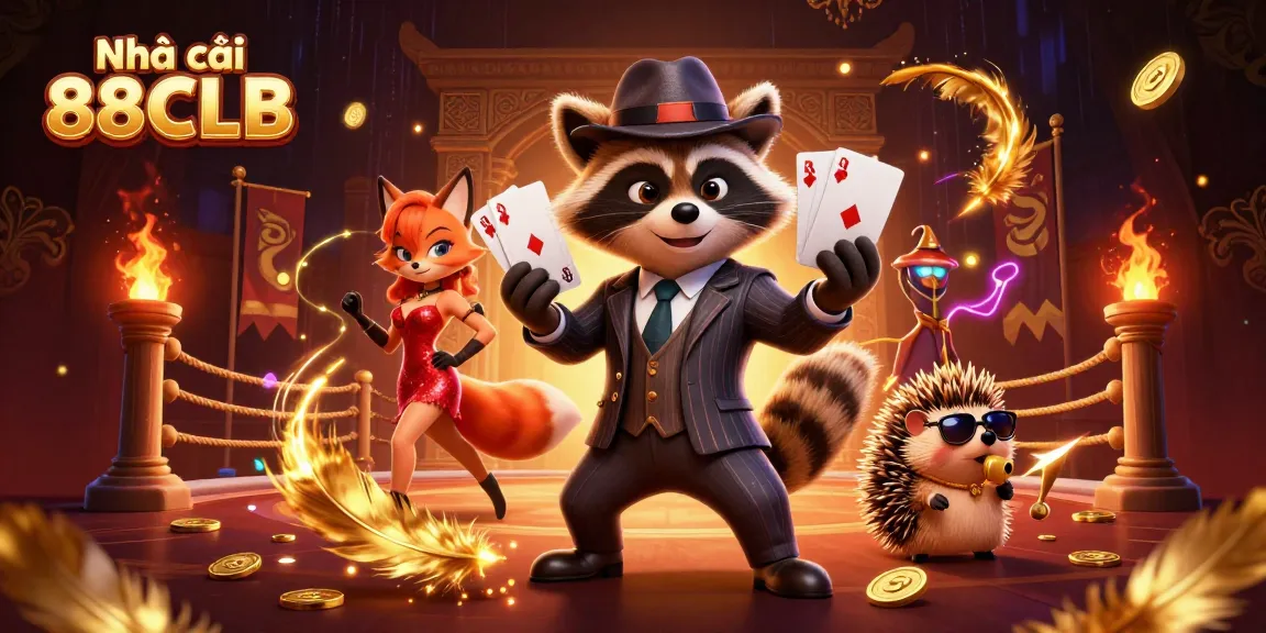 Engage in thrilling action with Nhà cái 88CLB through a vibrant casino scene featuring a suave raccoon and charming companions.
