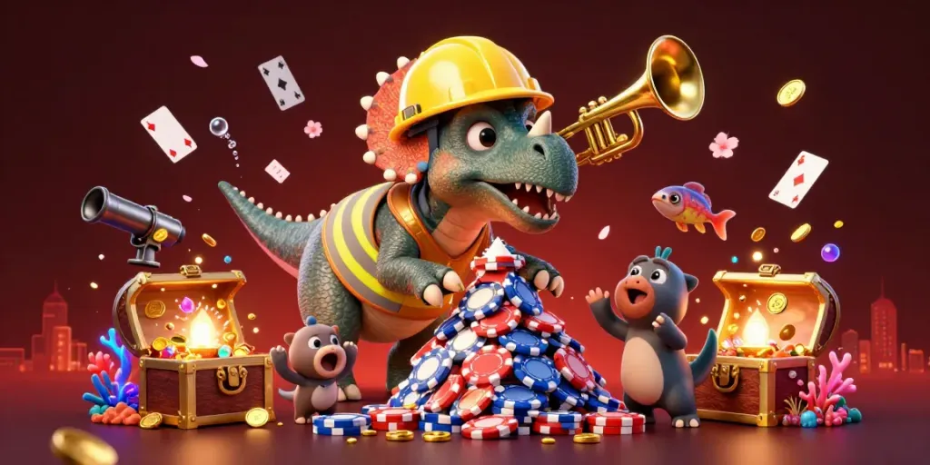 Kuwin triceratops builds poker chip pyramid while sea creatures celebrate in vibrant underwater scene.