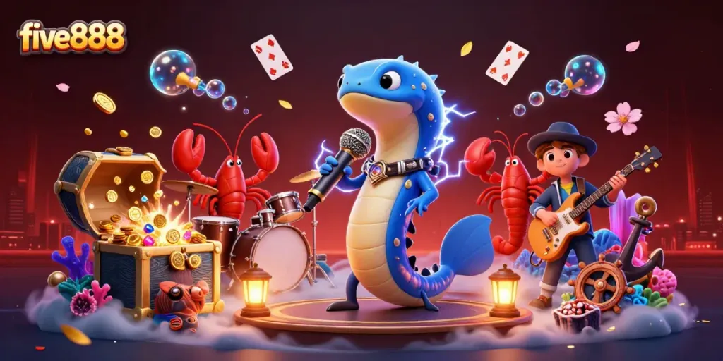 Experience the thrilling underwater casino scene with five888 featuring characters and dynamic gaming elements.