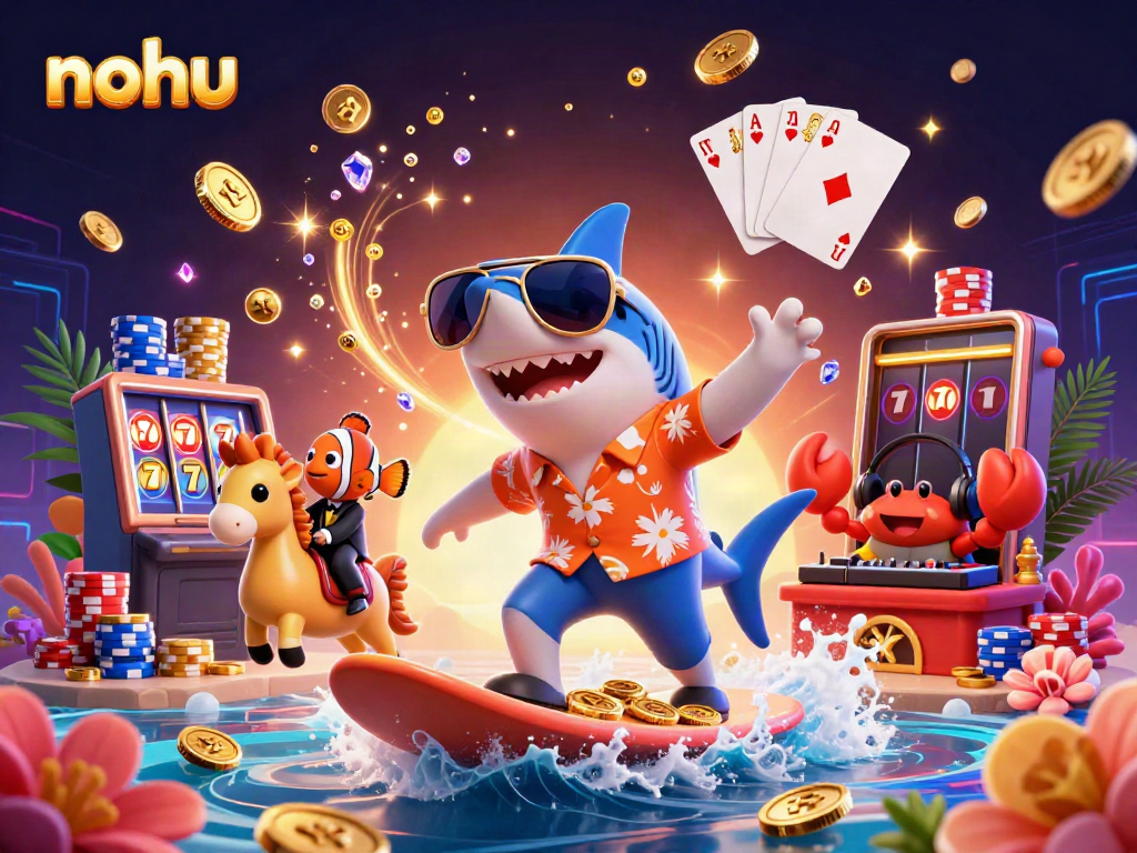 Join the adventure with nohu as a hammerhead shark surfs gold coins amidst vibrant casino elements.