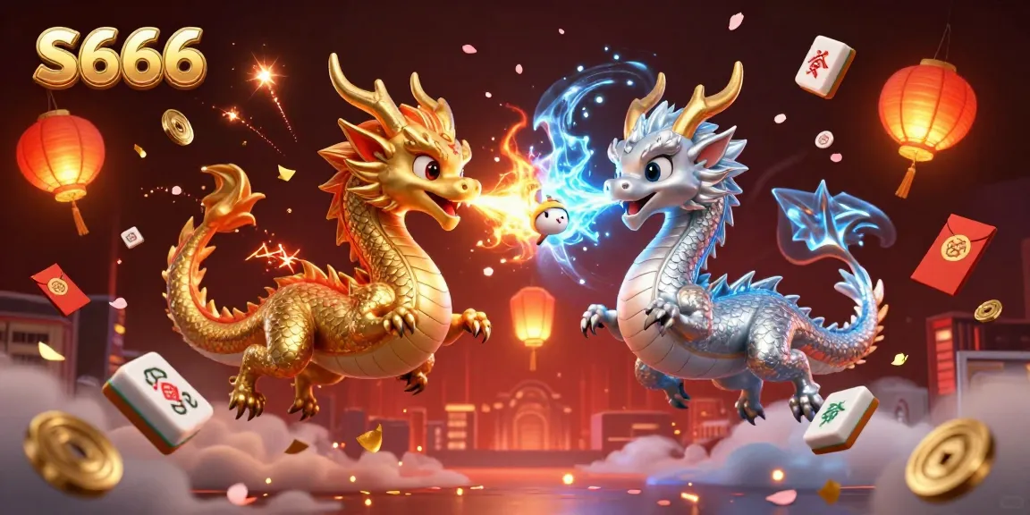 Experience thrilling action at S666 with dragons and vibrant casino elements in a dynamic illustration.