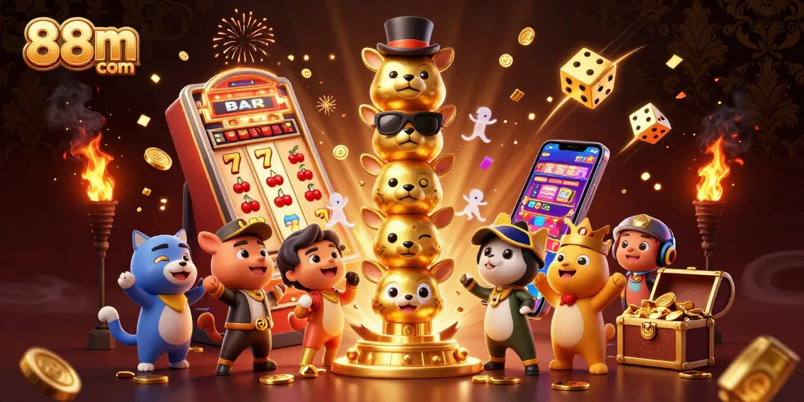 Experience excitement at 88m com with a vibrant slot machine jackpot scene of 3D characters and casino elements.