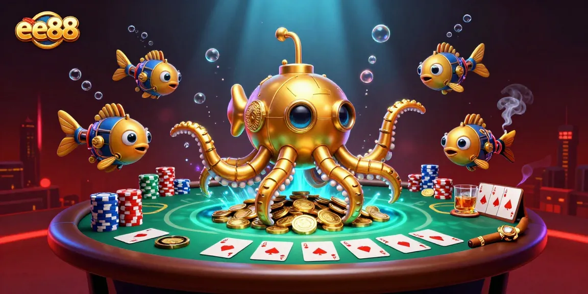 Experience exciting gameplay at ee88 with a kraken submarine emerging from golden coins and vibrant poker scenes.