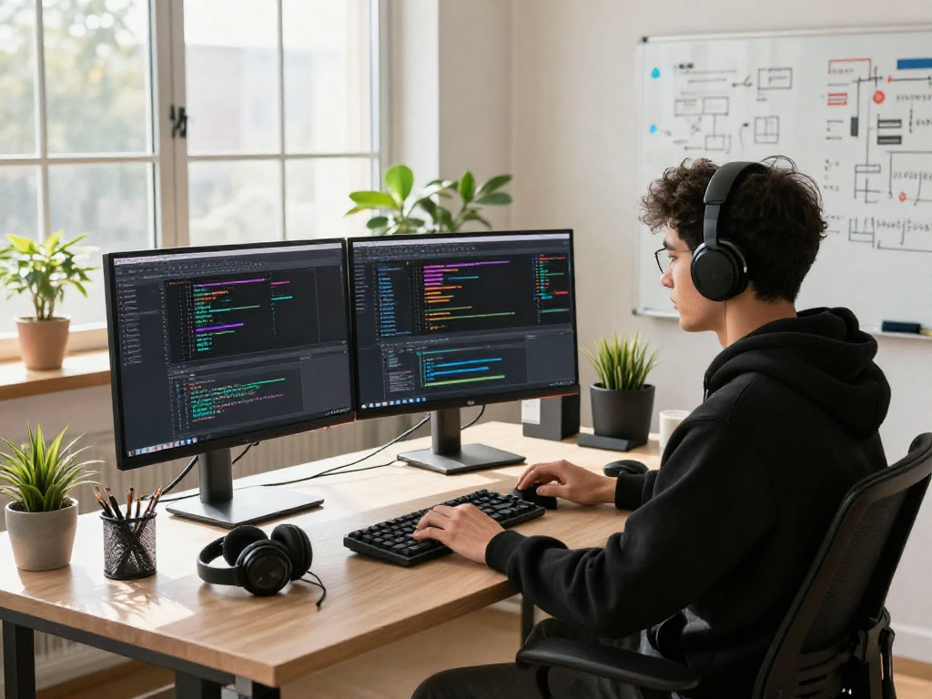 Developer coding in a tech space with dual monitors, showcasing net88 software tools.