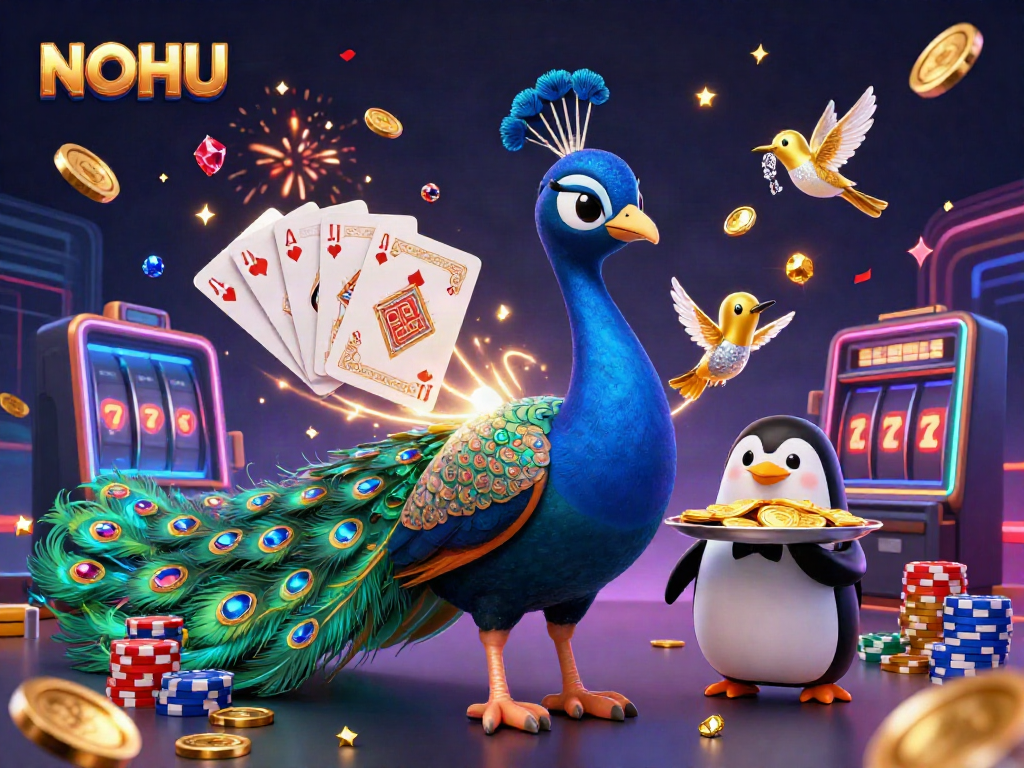 NOHU offers a vibrant 3D illustration of gaming excitement with peacock and penguin characters.