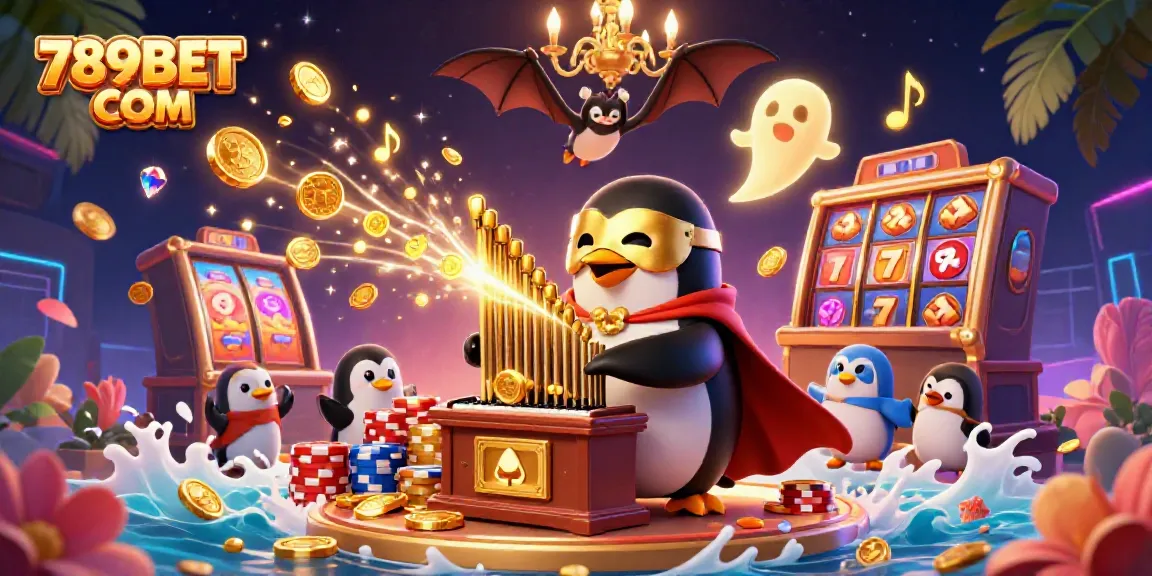 Experience thrilling gameplay at 789BET COM with a lively casino scene featuring a penguin playing an organ and vibrant slot reels.