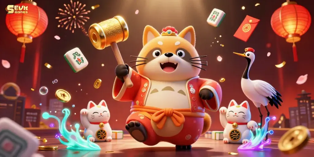 Experience SLVIP Games' vibrant casino atmosphere with cheerful characters and rich game-themed visuals.