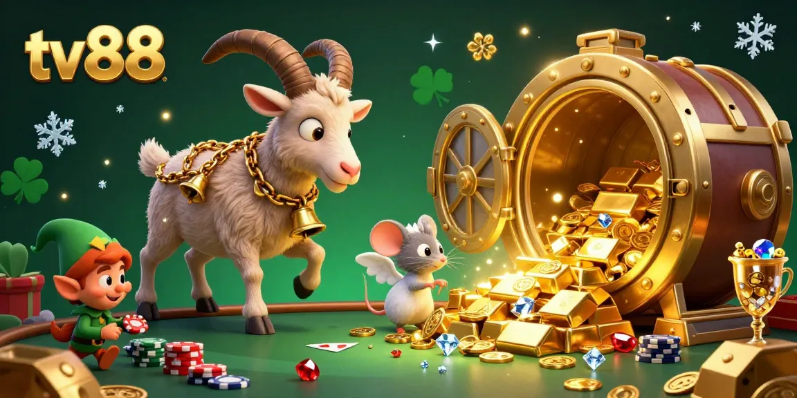 Experience the excitement at tv88 casino with a Krampus goat managing a chaotic gambling scene filled with treasures.