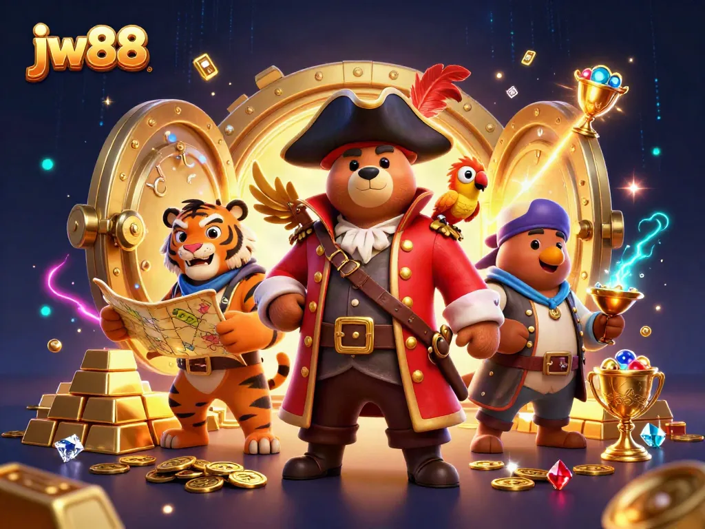 Experience the thrill of jw88 with a pirate-themed casino adventure amidst a treasure-filled scene.