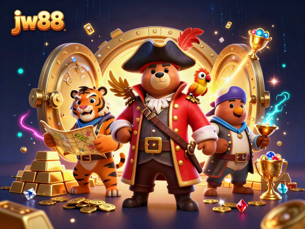 Experience the thrill of jw88 with a pirate-themed casino adventure amidst a treasure-filled scene.
