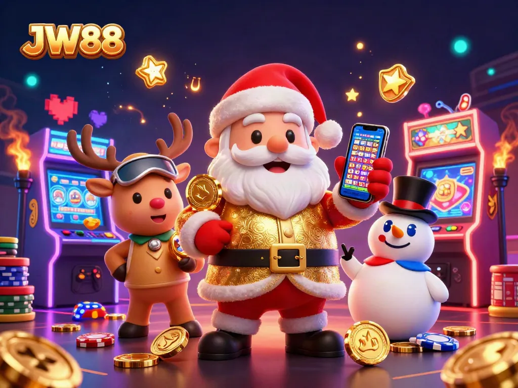 Play slots and win big with JW88 in this vibrant casino-themed illustration including festive characters.