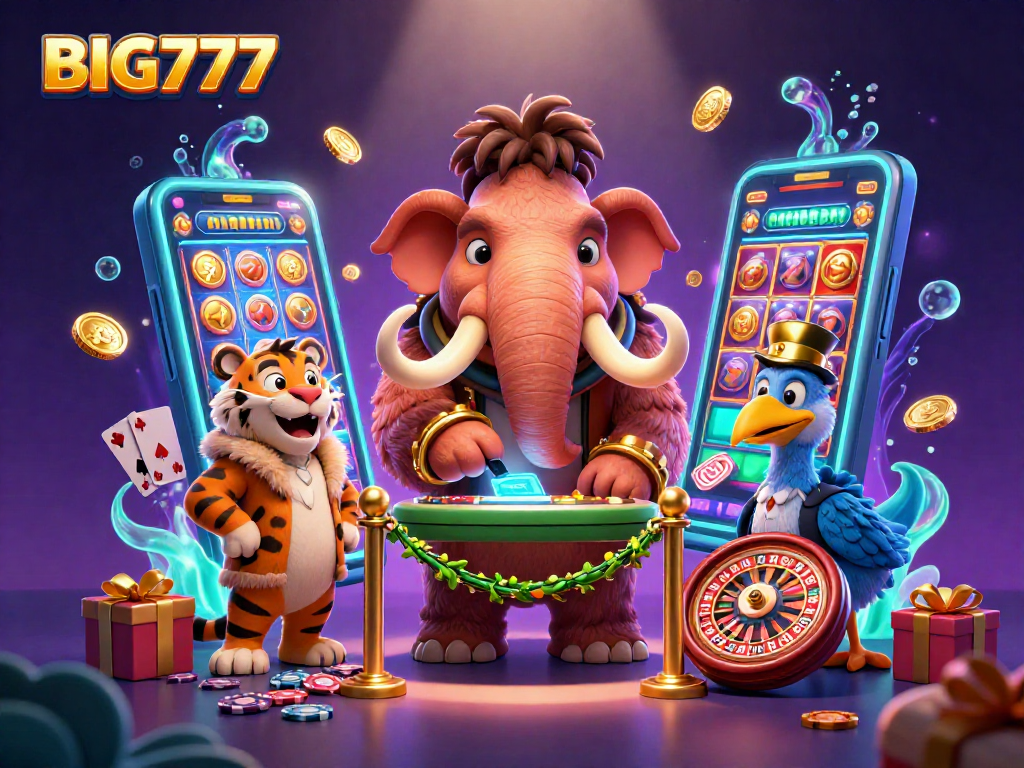 Experience the excitement of BIG777 slot games with vibrant visuals and dynamic characters in a magical casino scene