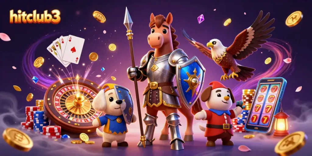 Join the excitement of hitclub3 with knights, coins, and casino elements in a rich 3D scene.