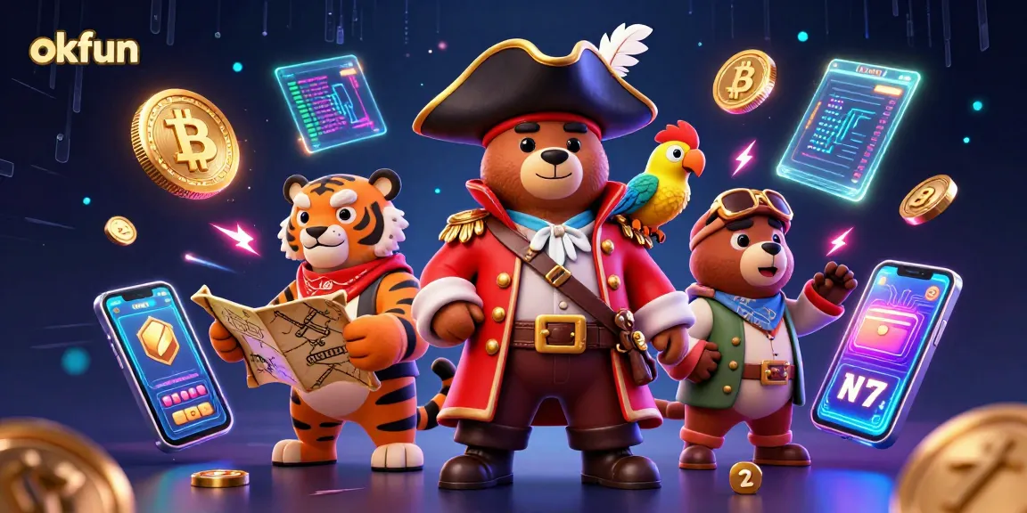 Engage with exciting casino adventures at okfun featuring vibrant 3D pirate-themed characters and crypto elements.
