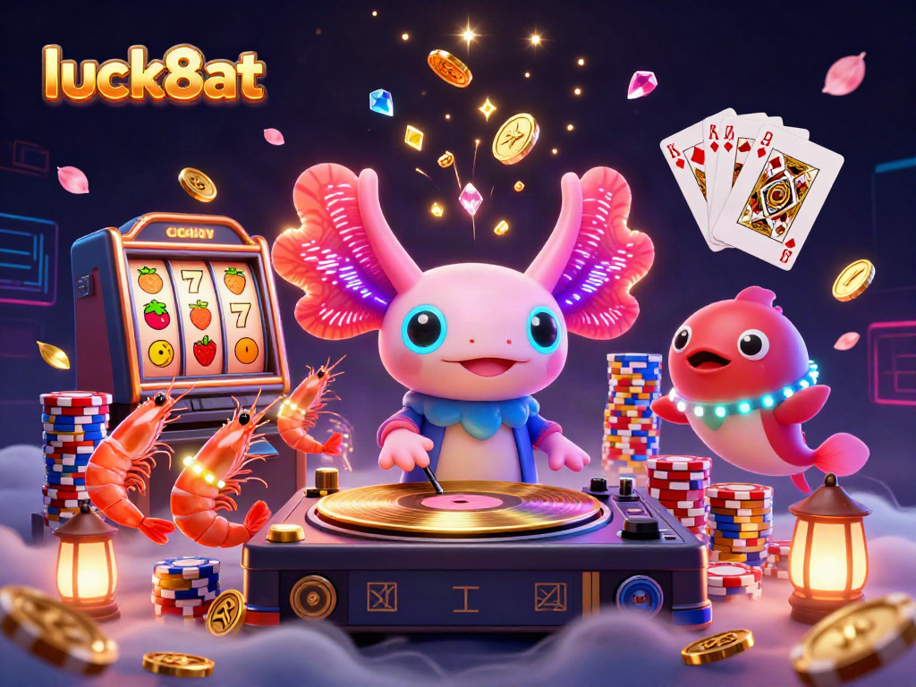 Experience luck8at with vibrant animated casino scene featuring neon axolotl DJ, shimmering tokens, and slot reels.