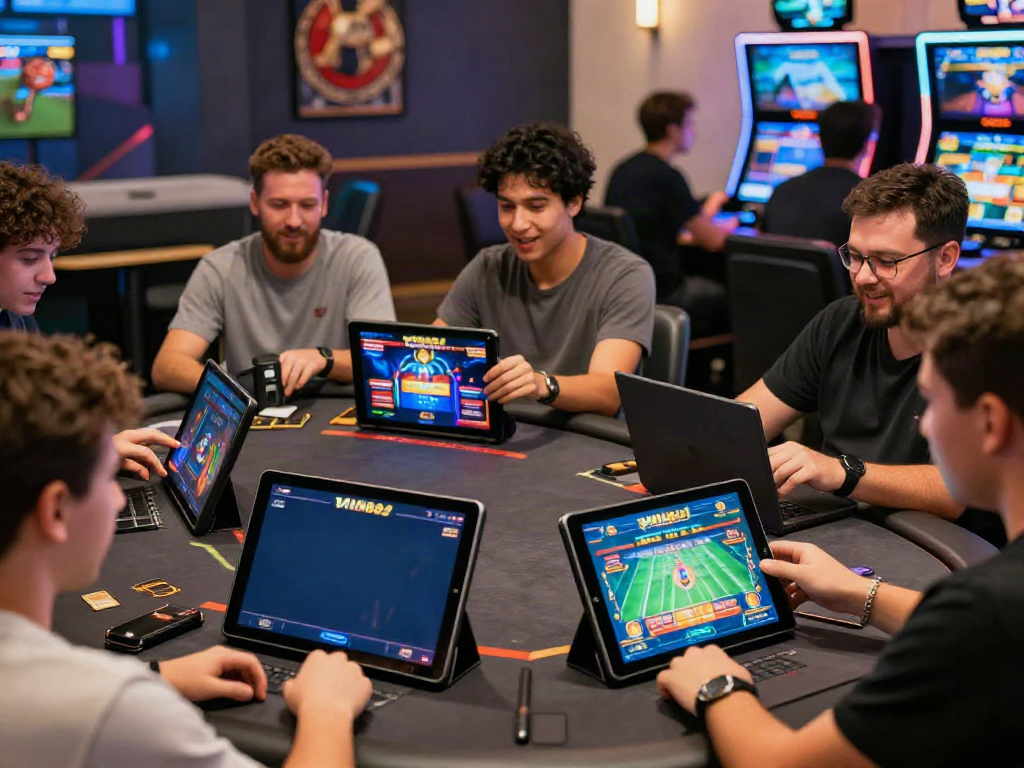 Players enjoying VIN88 online gambling experience with devices and excitement.