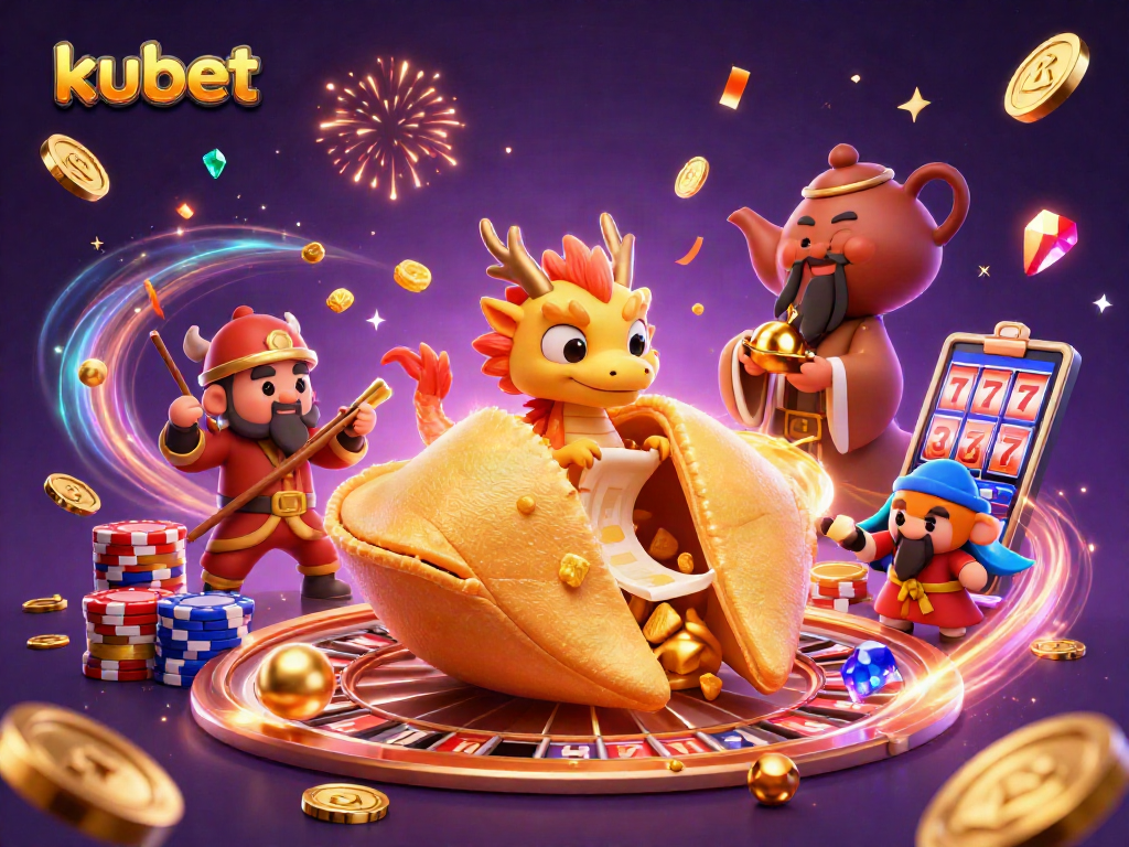 Kubet features thrilling casino elements like a dragon and golden treasures amidst floating coins.