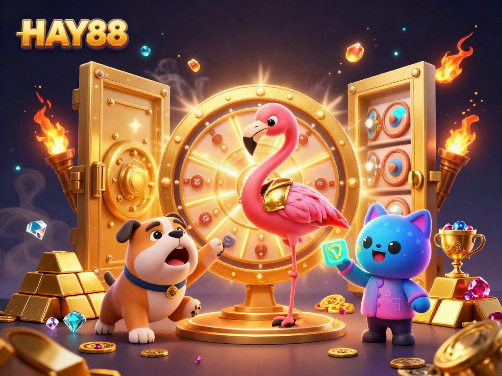 Engage with HAY88 at a vibrant online casino game show featuring characters, prizes, and gold treasures.