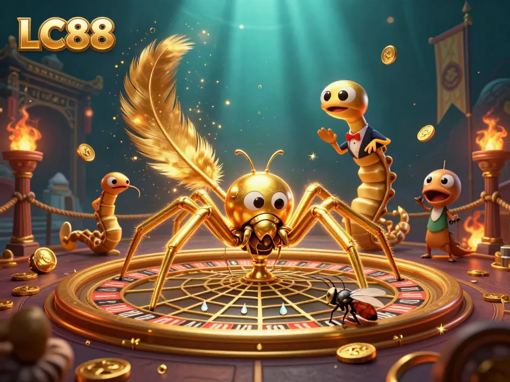 Engage in thrilling bets with LC88 as a golden spider spins a roulette web in this vibrant casino scene.
