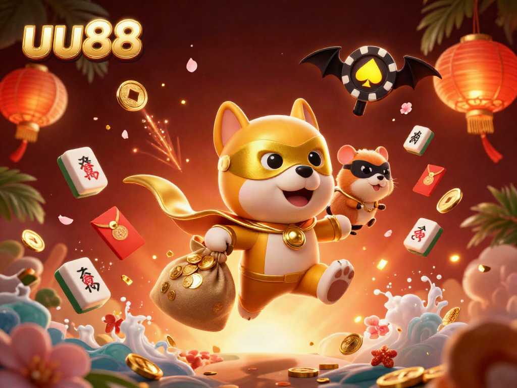 Experience thrilling rewards at uu88 with a superhero dog and sidekick celebrating in an exciting casino atmosphere.