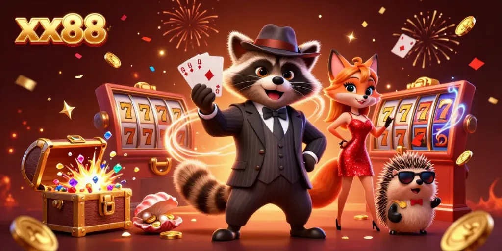 Experience the thrill of xx88 with a raccoon holding a royal flush, surrounded by slot elements and festive confetti.