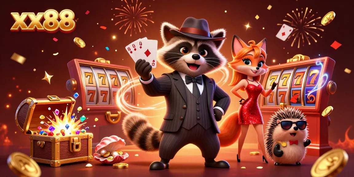 Experience the thrill of xx88 with a raccoon holding a royal flush, surrounded by slot elements and festive confetti.