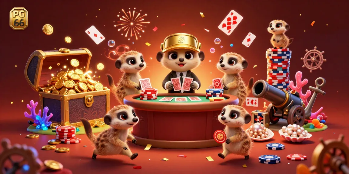 Meerkats running PG 66 casino with vibrant games, chips, and confetti in a dynamic underwater scene.