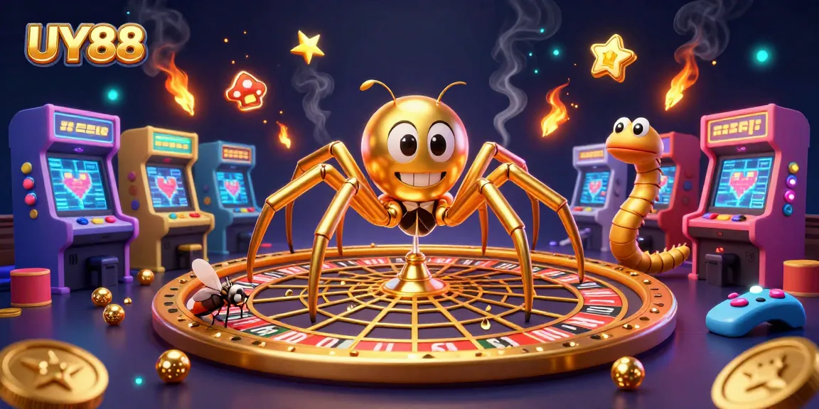 Experience the thrill at UY88 with a golden spider spinning luck and excitement in this dynamic casino scene.