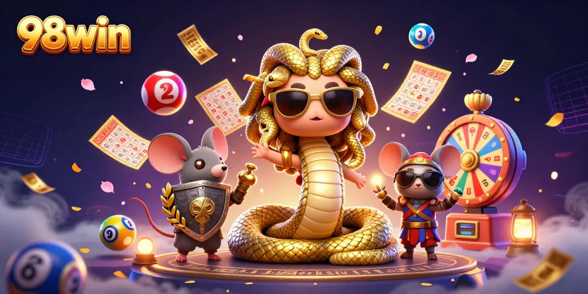 Engage with thrilling games at 98win, showcasing colorful lottery elements and dynamic casino vibes.