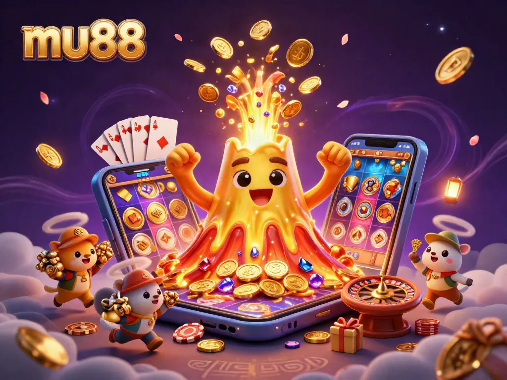 Win big at mu88 casino with vibrant cartoon scene featuring a golden volcano erupting coins and treasure.