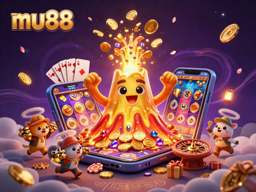 Win big at mu88 casino with vibrant cartoon scene featuring a golden volcano erupting coins and treasure.