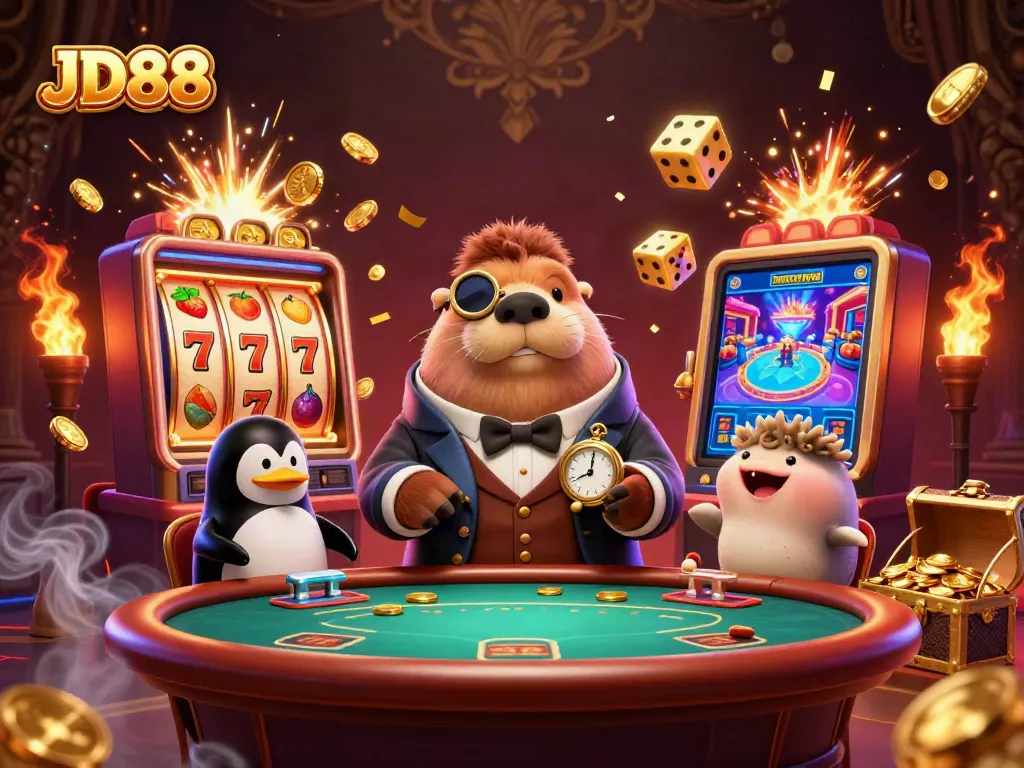 Experience JD88's vibrant casino scene with a walrus, dealer penguin, and a bluffing pufferfish.