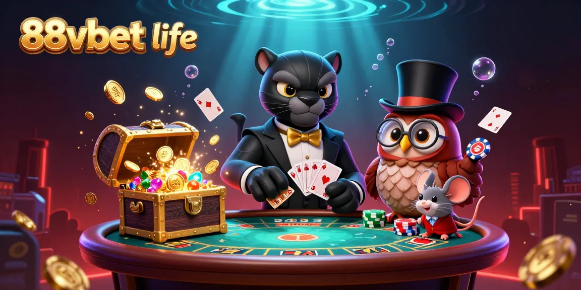 Join the fun at 88vbet life with an exciting 3D scene of a panther dealer, owl, and mouse amidst vibrant casino elements.