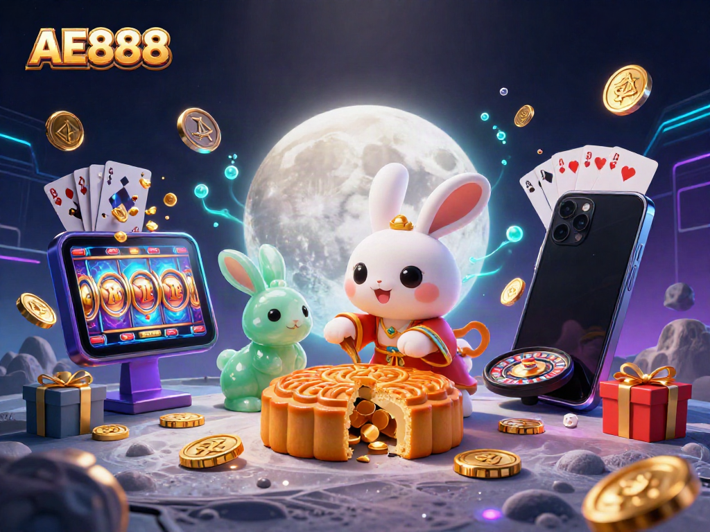 Experience the thrill of AE888 with a dynamic scene featuring a moon rabbit, casino elements, and a colorful slot game.