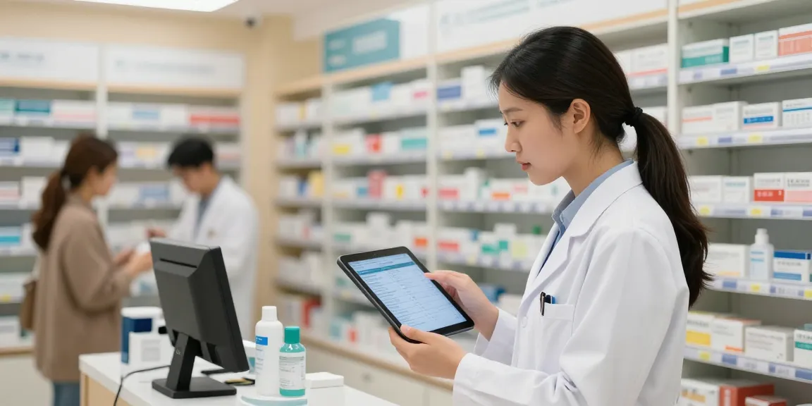 Pharmacist reviewing controlled medicines uae data on tablet in a modern pharmacy.