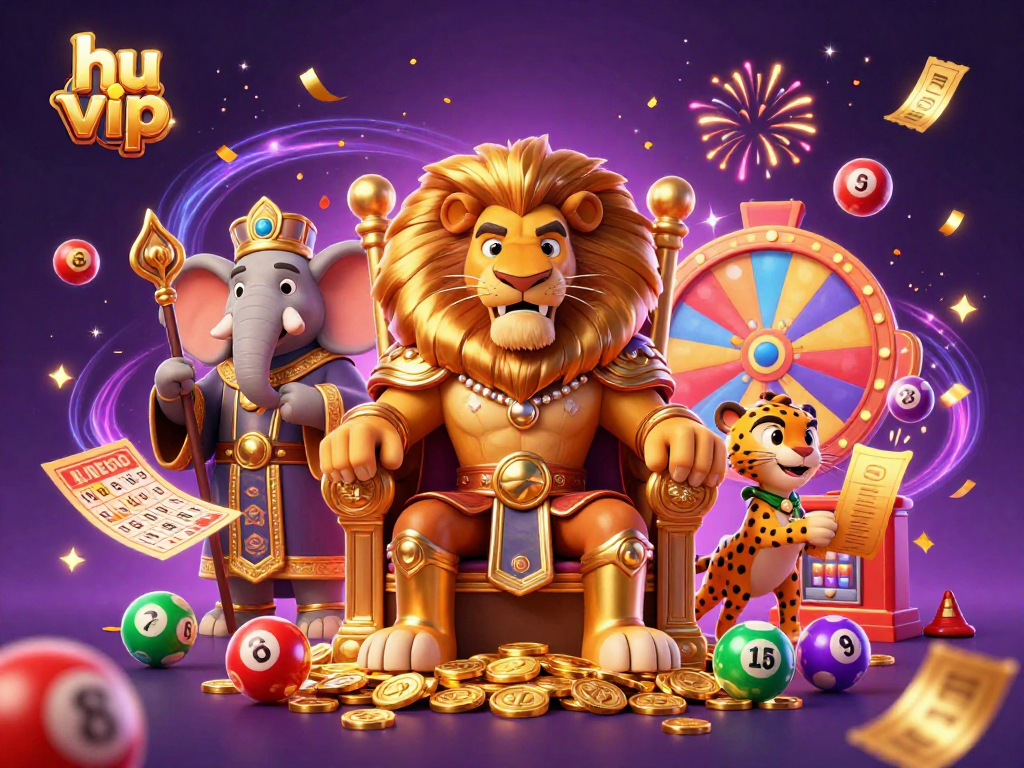 Engage in thrilling hu vip lottery excitement with a 3D lion king and vibrant game elements.