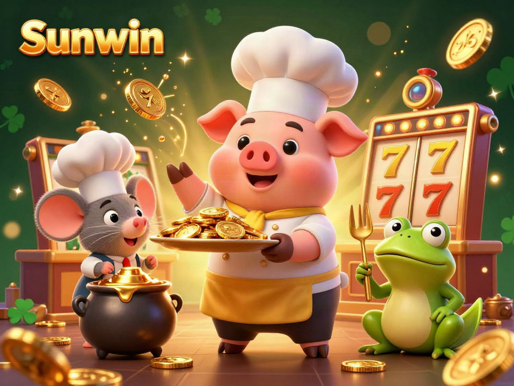 Experience the excitement of Sunwin with chefs serving gold coins in this vibrant casino-themed illustration.