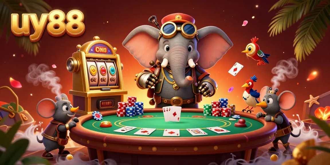 uy88 gaming scene featuring a steampunk elephant engineer operating slot machines with vibrant casino elements.